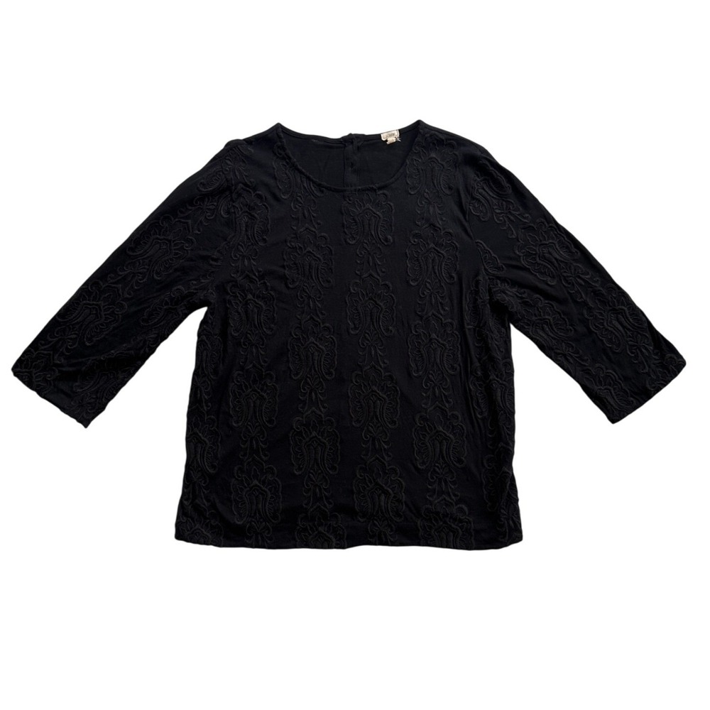 J.Crew Embroidered Cotton Top Women Large Black 3/4 Sleeve Good Condition 02072